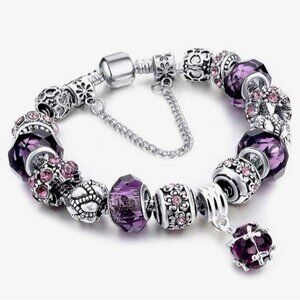 EUROPEAN STYLE AMETHYST PURPLE RHINESTONES SILVER CHAIN 7.5" CHARM BRACELET LN